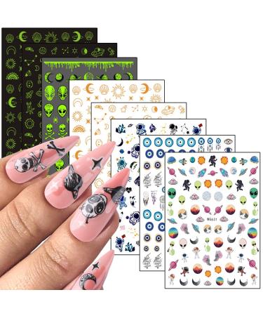 Alien Nail Art Stickers  3D Planet Astronaut Earth Moon Star UFO Rocket Nail Transfer Decals  Gold Luminous Nail Self-Adhesive Sticker Designs  DIY Resin Nail Decal Manicure Decorations for Women