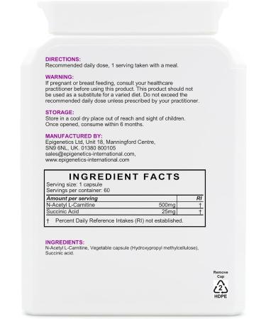 Acetyl Carnitine SA | 500mg N-Acetyl L-Carnitine Amino Acid + Succinic Acid Natural Antioxidant | 60 Vegan Capsules UK Made | 1 Capsule Daily (2 Month Supply) - Buy Online on GoSupps.com