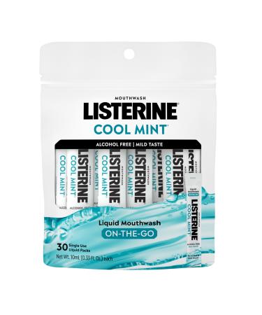 Listerine On-The-Go Cool Mint Alcohol Free Mouthwash Packets Oral Rinse in Individual Packets Kills Bad Breath Germs Less Intense Taste Cool Mint Flavor Mini Travel Size 0.33 fl oz. 30 Pack 0.34 Fl Oz (Pack of 30)