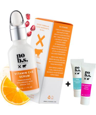 No BS Vitamin C + E Serum - For Face and Clear Skin  With Hyaluronic Acid  Gotu Kola  and Ferulic Acid  Vegan (1oz). Includes 2 Skincare Deluxe Minis 1 Fl Oz (Pack of 1) - Buy Online on GoSupps.com