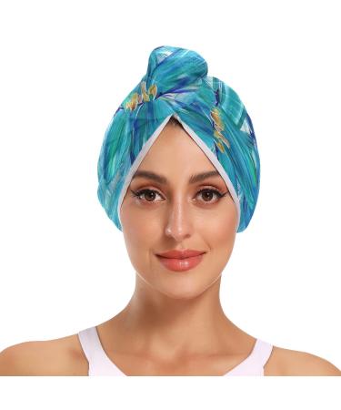 Blue Flowers Hair Towel 2 Pack Super Absorbent Hair Drying Towel Quick Dry Hair Turbans Head Towel with Button Twisty Wrap for Women Girls