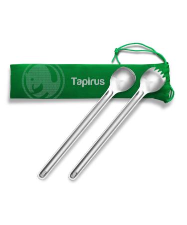 Tapirus Long Spork and Long Spoon Set | Deep Reach Stainless Steel Eating Utensils for MRE Bag | Keep Hands Clean and Away from Heat | Carry Bag Ideal for Hiking, Camping, Backpacking