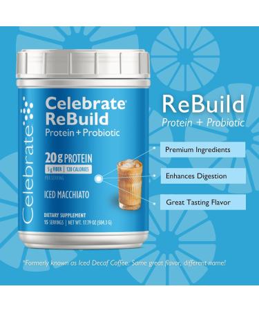 Celebrate Vitamins Rebuild Protein Powder - 20g Whey Isolate Probiotics & Prebiotics High Fiber for Post Bariatric Surgery - Iced Macchiato (15 Servings) - International Shipping Available - Buy Online on GoSupps.com