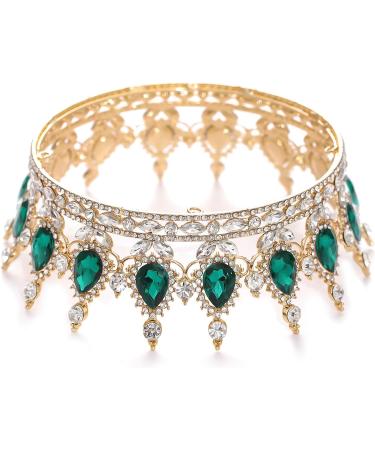 FORSEVEN Queen Crown Rhinestone Wedding Tiara | Crystal Bridal Princess Crown for Women - Gold and Green | Costume Party Hair Accessory - Buy Online on GoSupps.com