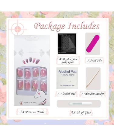 False Nails Short French Stick on Nails 24pcs Square Pink Press On Nails with Glue Elegant Design Sweet Fake Nails for Women Girls (Sweet French) - Buy Online on GoSupps.com
