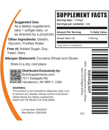 BulkSupplements.com Wheat Germ Oil Softgels - Wheat Germ Oil Supplement Wheat Germ Oil 1130mg - Nutritional Supplement & Soy Free 1 Softgel per Serving 240 Softgels (Pack of 1) - Buy Online on GoSupps.com