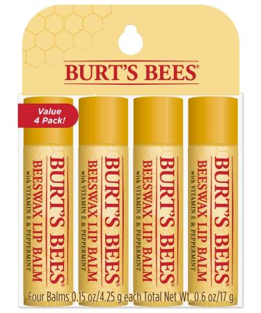 Burt's Bees Lip Balm Stocking Stuffer, Moisturizing Lip Care Holiday Gift, 100% Natural, Original Beeswax with Vitamin E & Peppermint Oil (4 Pack)