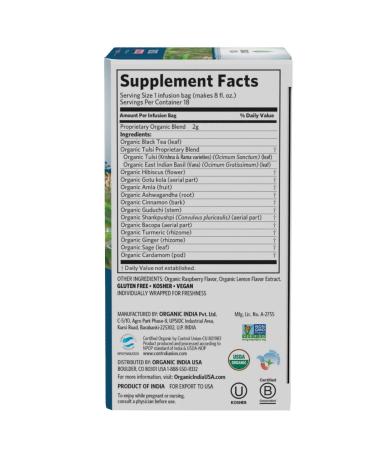 Organic India Tulsi Tea Focus - Raspberry Lemon Infusion Bags (18 Count, 1.27 oz) - Herbal Wellness - Buy Online on GoSupps.com
