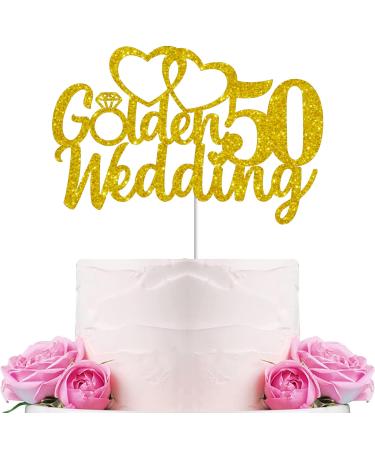Gidobo 50th Wedding Anniversary Cake Toppers with Heart Cupcake Toppers Glittery Golden Weddding Anniversary Heart Cake Decoration for Celebration Party Supplies Golden 50th