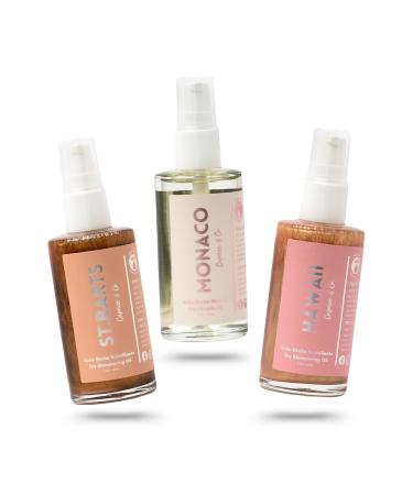Caprice & Co Miracle Body Oils Trio 2 oz of Monaco Hawaii St. Barts Travel Size Scented Dry Body Oil Organic Moisturizing Handcrafted Glow Oils Vacation Shimmer Oil & Body Care for Women