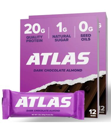 Atlas Bar 20g Protein, 1g Sugar, 0g Seed Oils, 0g Artificial Sweeteners (Dark Chocolate Almond) (24 Count, Dark Chocolate Almond)