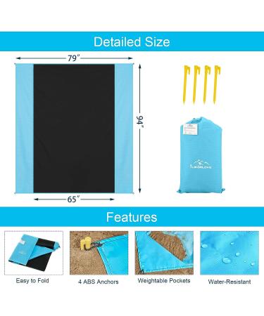 Likorlove Beach Blanket - Waterproof, Sandproof, Oversized Picnic Mat for 5-7 Adults - Lightweight, Portable, Quick Dry - Ideal for Travel, Camping, Hiking - Compact Bag, Stakes & Pockets Included - Black & Blue - Buy Online on GoSupps.com