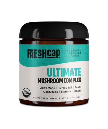 FreshCap - Ultimate Mushroom Complex - Pure Extract Powder - USDA Organic - Lions Mane, Reishi, Cordyceps, Chaga, Turkey Tail, Maitake -60g- Supplement - Add to Coffee Real Fruiting BodyNo Fillers