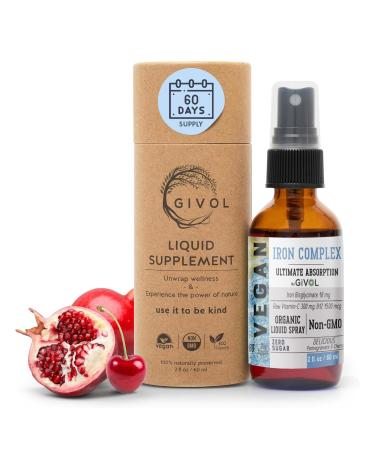 GIVOL Iron Supplement - 18mg Bisglycinate Complex with Vitamin C & B12 for Energy & Immunity Boost Vegan Liquid Spray Optimal Absorption - Non-GMO Sugar-Free (60 ml) 60 Days Supply