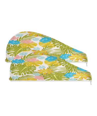 Tropical Leaves Dry Hair Cap 2 Piece Quick Drying Towel Set with Button Headband Super Absorbent Soft & Comfortable