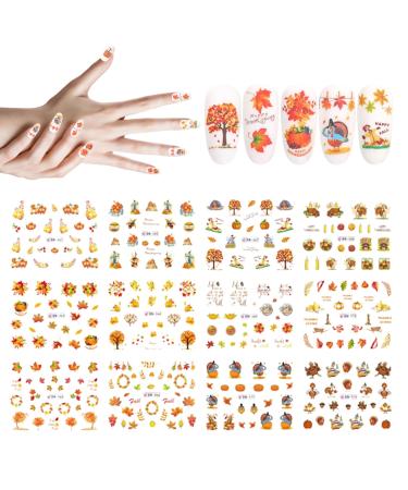 12 Sheets/Set Fall Nail Stickers Autumn Maple Leaves Pumpkin Turkey Nail Art Stickers Thanksgiving Themed Water Transfer Nail Decorations Nail Stickers