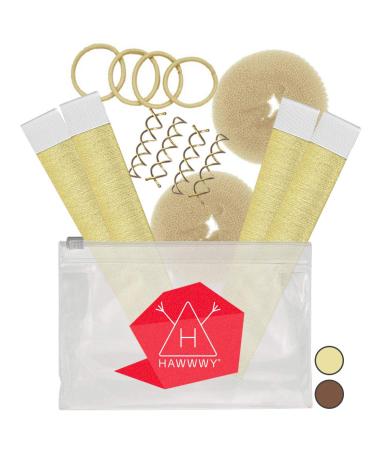 Hawwwy 12-piece Hair Bun Maker - Easy Fast Bun Tool  Short Long Thin Hair Women Girls Kids Toddler - Hair Accessories for Women - Gold Large (2 Donuts 2 Magic Snap & Roll  4 Spin Pins) Blonde