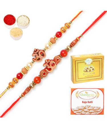 Ghasitaram Gifts Rakhi for Brother Rakhis Online - Set of 2 5504 6037 Om Rakhi Threads with 200 GMS of Kaju katli and 200 GMS of Soan Papdi