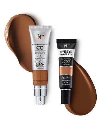 IT Cosmetics CC+ Cream with SPF 50+ Natural Finish Full Coverage Foundation (Neutral Rich - 1.08 fl oz) & Bye Bye Undereye Concealer Anti-Aging Makeup (40.5 Deep - 0.4 fl oz)