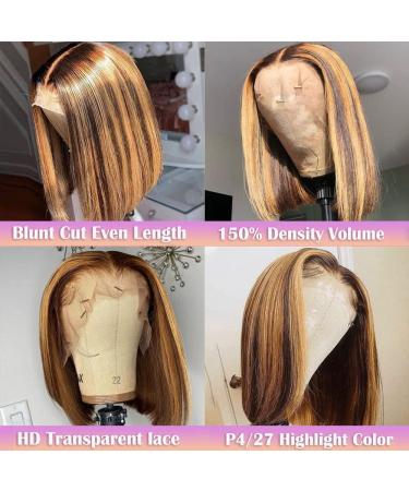 Ombre Bob Wig Human Hair 12 Inch HD Lace Front 4/27 Highlight Glueless Pre Plucked 150 Density Short Honey Blonde Bob Wig with Baby Hair for Black Women - Buy Online on GoSupps.com