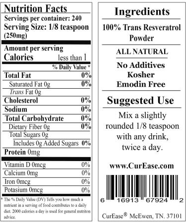 100% Pure Trans Resveratrol Powder 240 Servings 2.1 oz (60 Grams) 250mg Per Servings - Buy Online on GoSupps.com