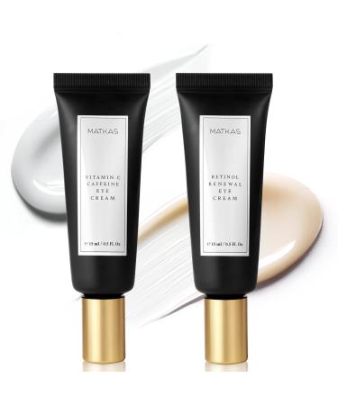 MATKAS Korean Vitamin C & Caffeine Eye Cream + Retinol Eye Cream - 2 Pack (0.5 Fl Oz) - for Dark Circles and Puffiness, Korean Skincare Bundle for Day & Night