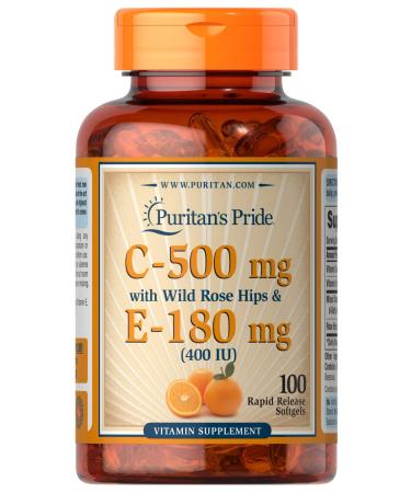 Puritans Pride Vitmain C 500 mg & E 180 mg with Rose Hips for Immune & Antioxidant Support by Puritan's Pe for Healthy Skin and Immune System Support, 100 Softgels