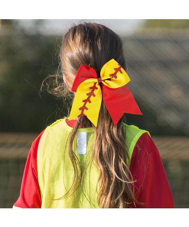 Cheer Bow Elastic Hair Tie - Handmade Sports Ponytail Holder for Girls Team Cheerleaders - Red Yellow White Glitter Ribbon Accessories - Buy Online on GoSupps.com