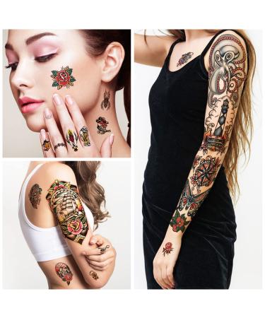 Classic Sailor Jerry Style Temporary Tattoo Sleeves - 55 Old School Stickers for Adults, Kids, Men, Women - American Traditional Flower Design - Buy Online on GoSupps.com