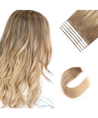 Sixstarhair Invisible Tape Extensions Real Hair 20pcs 50g 45cm Invisible Tape In Hair Cancer Real Hair Ash Brown Fades to dirty Blond Highlight Aschblond Balayage#8/16/60 45 cm B8-8#60