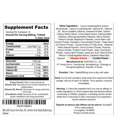 BB LAB Cissus One Diet 300mg Cissus Extract Formula for Metabolism Niacin Vitamin B1 Vitamin B2 and Pantothenic Acid Body Balancing - Buy Online on GoSupps.com