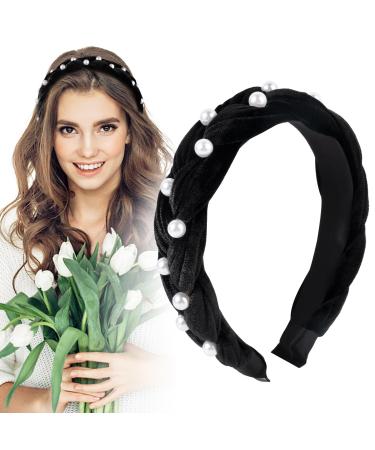 Bethininess with a hair -ready braided headband with pearls wide hair band vintage padded hair tire rockabilly fashion hair accessories headband for women and girls black black with pearls