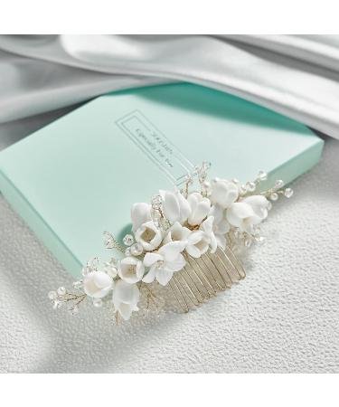 Sooshin Porcelain Flower Bridal Hair Comb with Pearl and Crystal Accents - Gold Wedding Headpiece for Bride and Bridesmaids - Buy Online on GoSupps.com