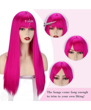 AISI Beauty Long Hot Pink Wig for Women | 24 Inch Straight Synthetic Colored Wig with Bangs for Party Cosplay - Buy Online on GoSupps.com