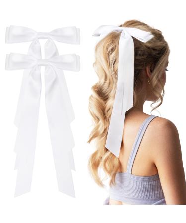 Large Satin Hair Bows Hair Ribbons for Women CEELGON 2PCS Big Long White Ballet Style Hair Bows French Barrette Vintage Accessories for Girls-White 7 Inch White