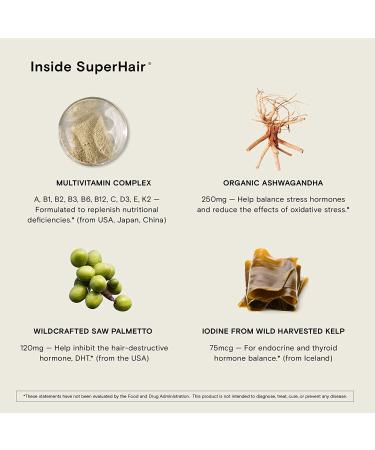 SuperHair by Moon Juice - Natural Hair Nutrition Supplement for Healthier, Thicker Hair - 250mg Ashwagandha, 500mcg Biotin, 120mg Saw Palmetto - Vegan & Non-GMO - 120 Capsules - Buy Online on GoSupps.com