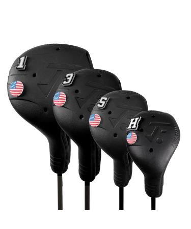 FRANKTECH Golf Club Covers, 4pcs or 1pc EVA Plastic Golf Head Covers for Driver Fairway Woods Hybrid, Driver Headcover with Pins, Fit All Right-Handed Golf Clubs, Easy On Off, Washable, Funny BLACK 4pcs SET