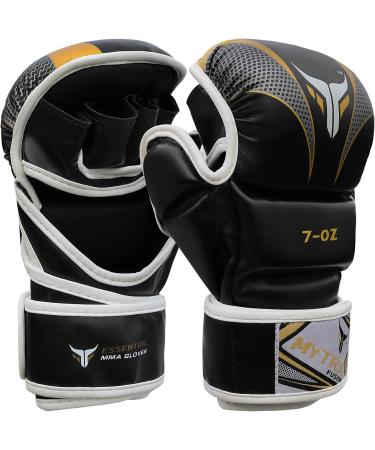 Mytra Fusion MMA gloves with an open palm and adjustable wrist support MMA sparring gloves for grappling cage fighting combat sports punching bag and martial arts s/m black/gold - Buy Online on GoSupps.com