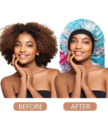 Satin Bonnet Sleep Cap Set for Black Women - 2 Pcs Silk Bonnets for Curly Hair, Braids, Dreadlocks - Soft Elastic Band, Satin Material - Black+Blue Flower Design - Buy Online on GoSupps.com
