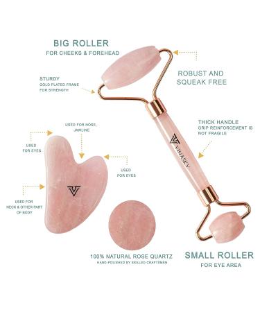 Vinasky Rose Quartz Roller and Guasha Set - Anti Aging Beauty Tools for Face, Eyes, Body - Muscle Relaxing and Wrinkle Reduction - Pink - Buy Online on GoSupps.com