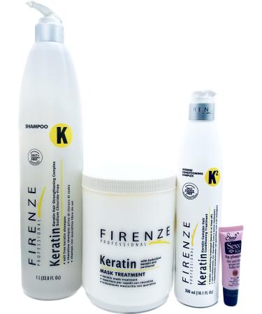 Firenze Professional Keratin (Salt Free) Shampoo & Mask 33.8 oz + Leave-in 10.1 Fl Oz - Free Starry Lip Gloss 10ml