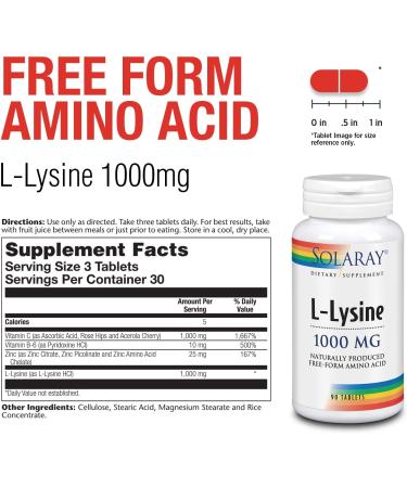 Solaray L-Lysine 1000mg Free-Form Amino Acid | Immune System & Cognitive Health Support | 90ct - 30 Servings - Buy Online on GoSupps.com
