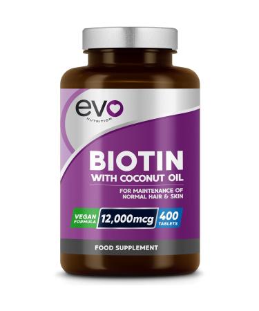 Biotin Hair Growth Supplement 12 000mcg with Coconut Oil | 400 High Strength Tablets for - 13 Month Supply Vitamin B7 Supports Normal Skin & Made in UK by EVO Nutrition