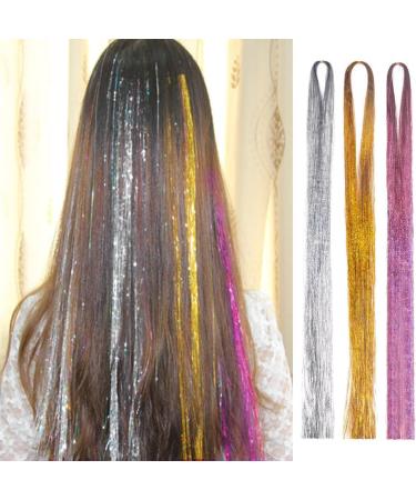 600 Glitter Metal Wire Hair Extensions Tinsel Straight Hair Accessories Holographic Dazzle Colour Straight Hair Extensions Ladies and Girls Hair Accessories (Gold Silver Pink) - Buy Online on GoSupps.com