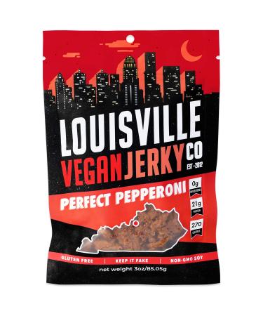 Louisville Vegan Jerky - Perfect Pepperoni, Vegetarian & Vegan-Friendly Jerky, 21 Grams of Non-GMO Soy Protein, 270 Calories Per Bag, Gluten-Free Ingredients (3 oz) 3 Ounce (Pack of 1)