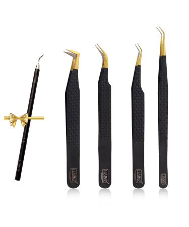 HADIZ Set of 4 Fiber Tip Diamond Grip Eyelash Extensions Tweezers Japanese Stainless Steel Lash Tweezer (Black)