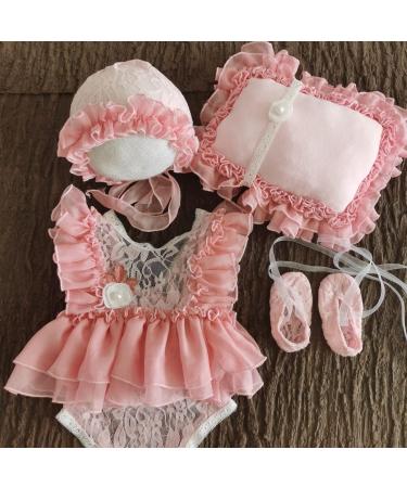 Yuehuam Newborn Photography Prop Girl Outfits Set - Baby Lace Romper, Hat, Pillow, Shoes & Skirt Clothes in Pink for Infant Photoshoot - Buy Online on GoSupps.com