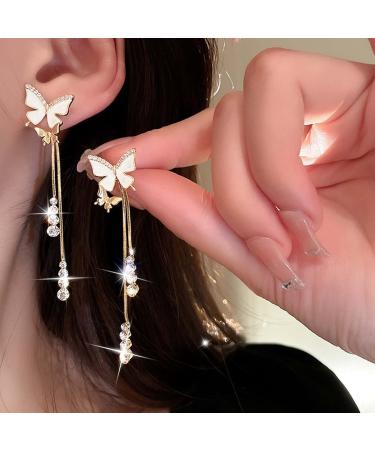 Vintage Crystal Butterfly Earrings - Long Dangle Rhinestone Tassel Jewelry for Women - Gold Chain & CZ Studs - Buy Online on GoSupps.com