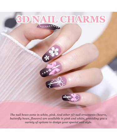800Pcs 3D Nail Charms Pink White Multi Shapes Mix Bows Nail Charms Cute Pearls Heart Butterfly Blossom Bowknot with Manicure Pickup Tool for Women Girls Nail DIY Accessories - Buy Online on GoSupps.com