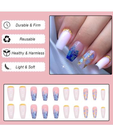 24Pcs Glitter Square False Nails French Tips Blue Shards - Removable Artificial Nails with Nail Glue for Women and Girls - Buy Online on GoSupps.com